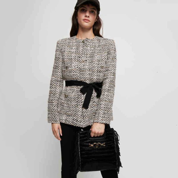 

women's jackets spring design crew neck cotton tweed tie lfwt, Black;brown