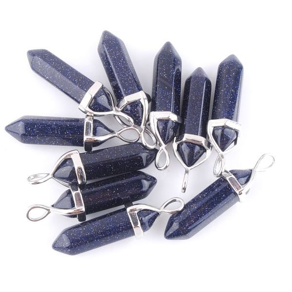 

natural healing hexagonal column chakra gems pendant bead blue sand stone for necklace diy 10pcs n3036, Silver