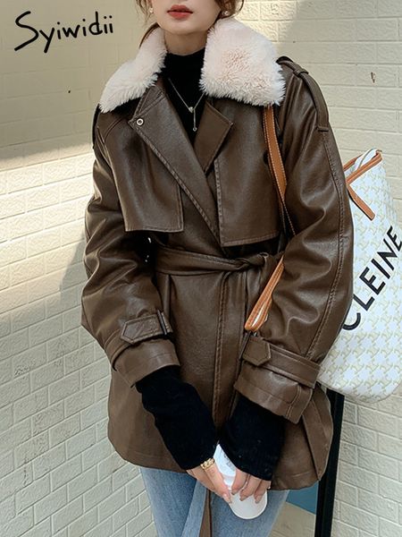 

women's fur faux syiwidii leather coat winter jacket women fall lamb wool warm locomotive with sashes korean fashion pu outwear 221124, Black