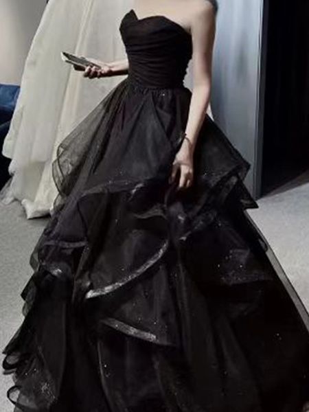 

black ball gown prom dress lace-up back sweep train evening gowns