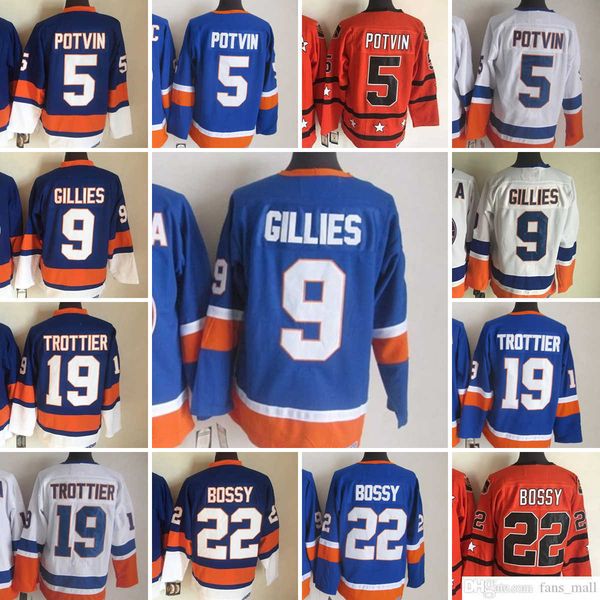 

movie ccm vintage ice hockey 5 denis potvin jerseys 9 clark gillies 19 bryan trottier 22 mike bossy men embroidery jersey blue orange white&, Black;red