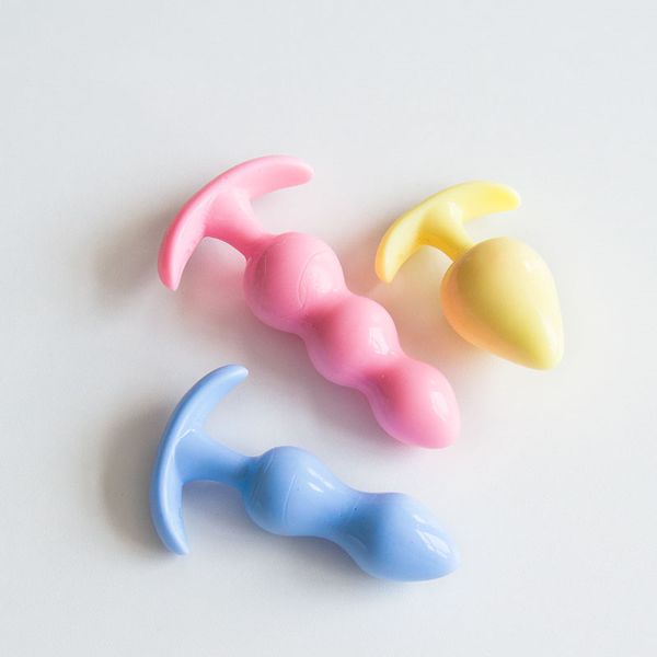 

costumes 3pc/set silicone butt plug ease-in -anal plugs training set expandable beginner anales beads beginner soft silicon, Black