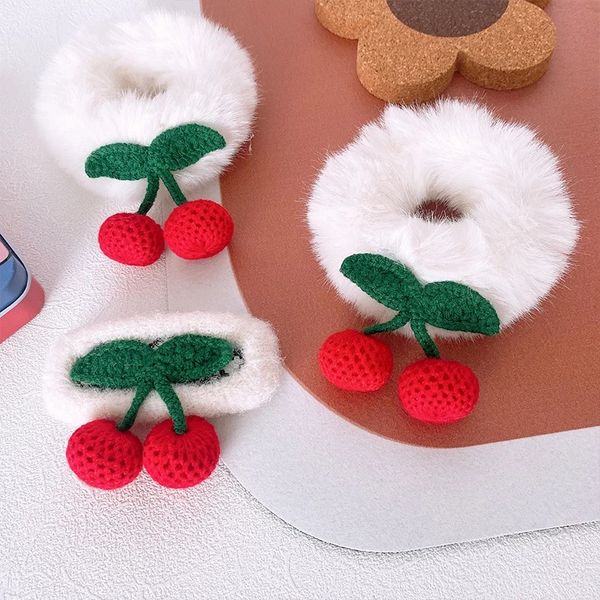 

winter new korean children's cute woolen knitted red cherry bb clip fashion sweet girl princess plush rubber band headwear, Slivery;white