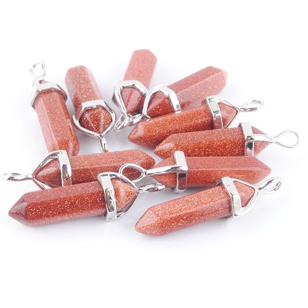 

natural healing hexagonal column chakra gems pendant bead golden sand stone for necklace diy 10pcs n3033, Silver