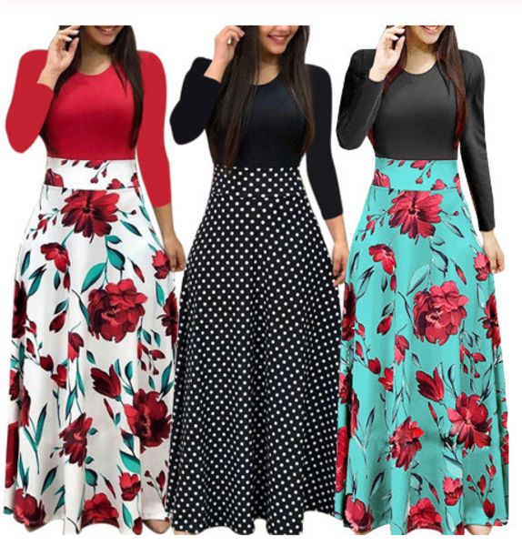 

casual dresses plus size women autumn print stitching flower long party vestidos bodycon elegant woman maxi femme 221125, Black;gray