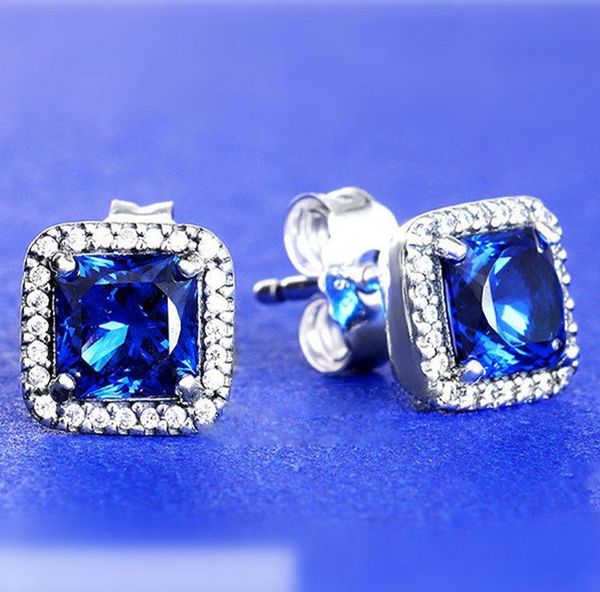 

925 sterling silver blue square sparkle halo stud earrings fits european pandora style jewelry fashion earrings, Golden;silver
