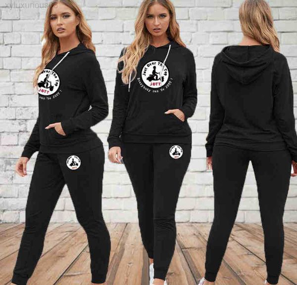 

2022 autumn casual jott printed long sleeve women's tracksuit fashion solid color pullover hoodie and sweatpants suit, Black