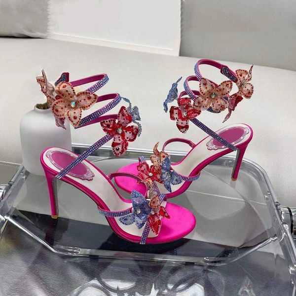 

high rene heeled sandals shoe women sandal designers crystal rhinestone flower decoration stiletto fuchsia rome rene caovilla serpentine 9.5, Black
