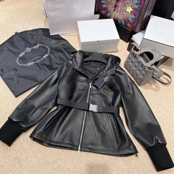 

womens designer hooded jackets triangle fashion long sleeve genuine leather jacket e131, Black;brown