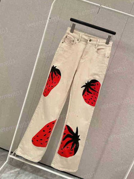 

designer womens pants brand logo cute strawberry print high waist jeans temperament luxury casual jenas for women clothing 0912, Black;white