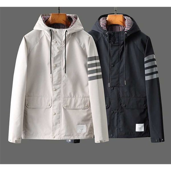 

fashion tb brand jacket men cardigans clothing spring autumn hooded reflective stripe waterproof casual coat with nood 210820, Black;brown