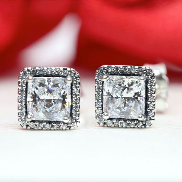 

925 sterling silver square sparkle halo stud earrings fits european pandora style jewelry fashion earrings, Golden;silver