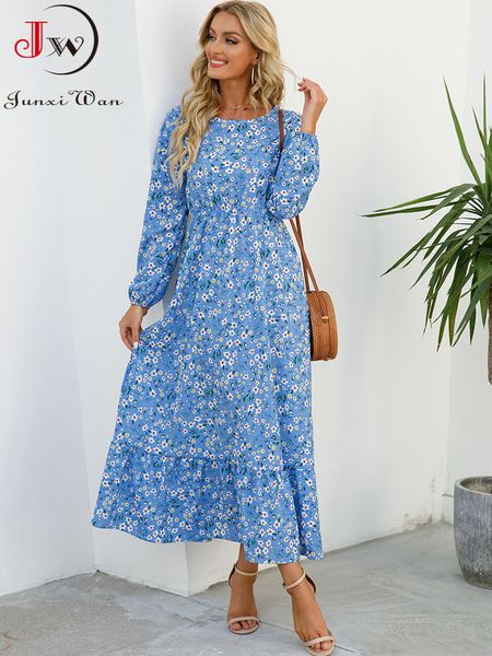

casual dresses elegant floral print women spring summer o neck long sleeve chiffon a line maxi party vestidos 221125, Black;gray