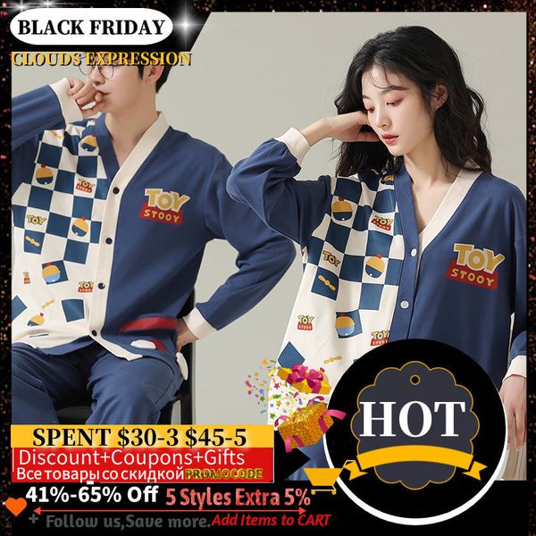 

men's sleepwear spring autumn cotton cartoon print couple pajama sets pyjamas kawaii sleep loungewear plaid suits pajamas for lovers 22, Black;brown