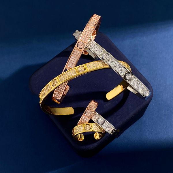 

luxurious full star studded diamond bracelet open rings sets engraved f initials letter settings women 18k gold-plated bangle ear studs jewe, Silver