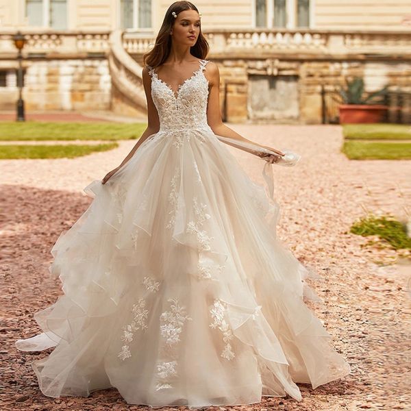 

darla ball gown wedding v-neck boho spaghetti strap bridal gown tiered zipper lace appliques court train, White