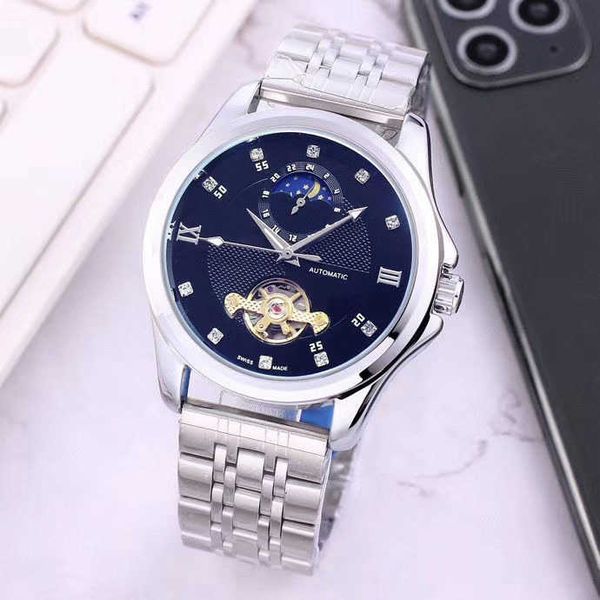

other watches luxury designer brand stainless steel band mechanical automatic movement moon phase flywheel wrist watch for mens christmas, Slivery;black
