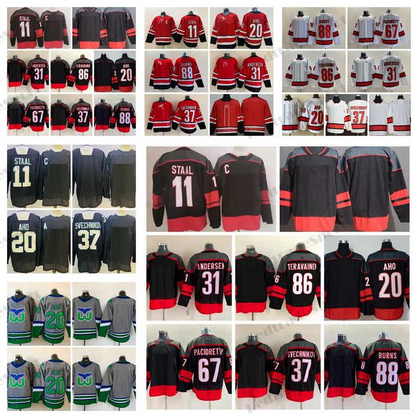 

mens 20 sebastian aho hockey''nhl''jerseys 11 staal 37 andrei svechnikov 86 teuvo teravainen 31 frederik andersen 88 bre, Black;red