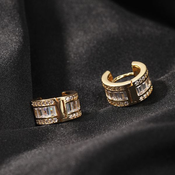 

hip hop hoop earrings bling full white zircon man's dangle earrings 18k real gold plated jewelry, Golden;silver