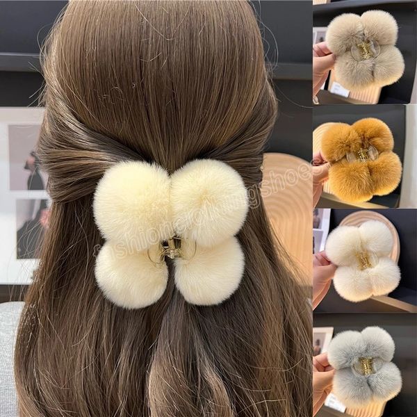 

pompom faux fur hair claws for girls winter headwear plush hairball hair clip fluffy hairpins geometry barrettes, Slivery;white