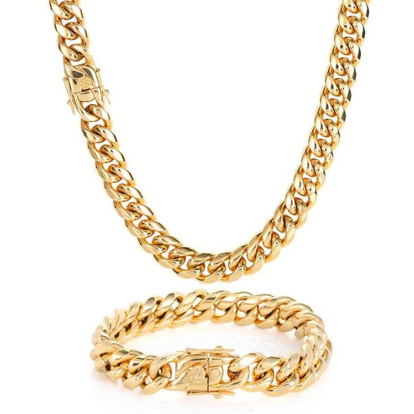 

cuban link chain necklace bracelet jewelry set 18k real gold plated stainless steel miami necklace with design spring buckle, Silver
