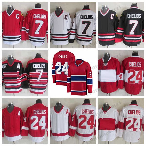 

retro chris chelios #7 hockey jerseys vintage 1992 mens red black #24 classic stitched shirts 75th c patch''nhl''shirt, Black;red