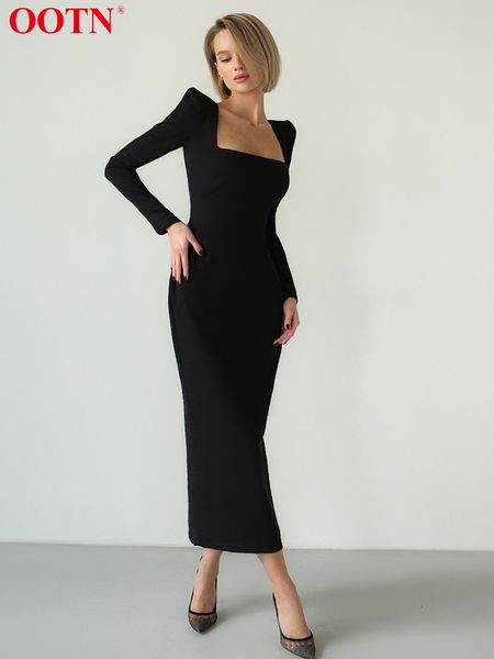 

casual dresses ootn elegant black bodycon stretch square neck long sleeve party women spring split mid-calf solid 221125, Black;gray