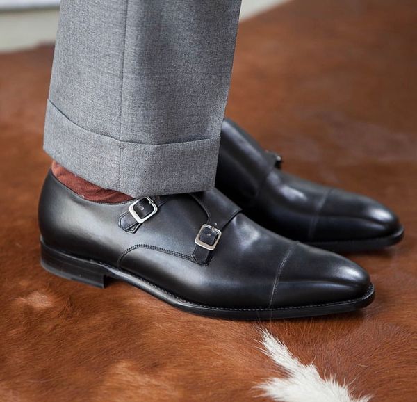 

gentlemen genuine leather shoes men monk strap shoe british style formal suit dress shoes, Black
