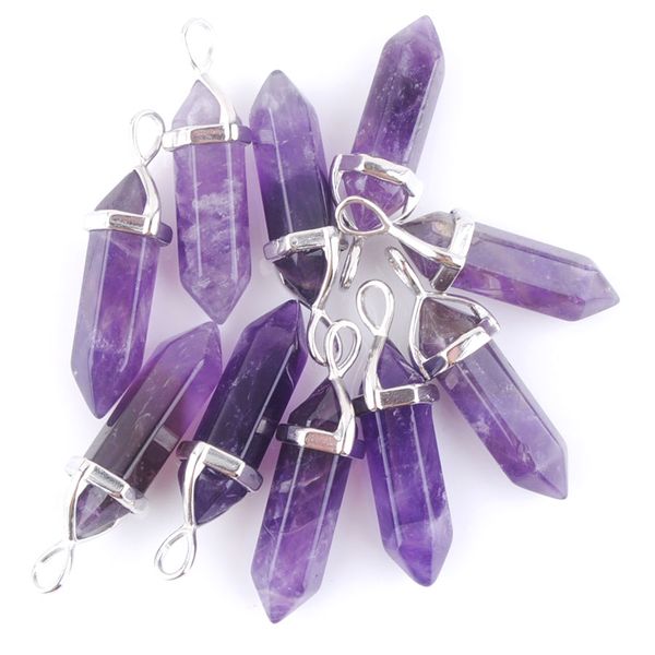 

natural healing hexagonal column chakra gems pendant bead amethyst stone for necklace diy 10pcs n3039, Silver