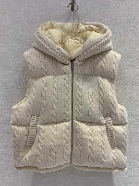 

women's down parkas autumn and winter embroidery hooded cashmere wool knitting thickened white goose down jacket vest, Black