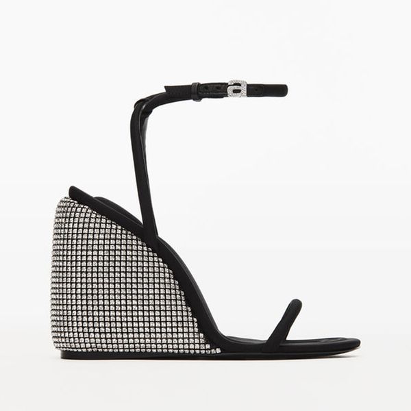 

dress shoes black nylon lace-up sandals with white rhinestone crystal wedges and ankle laces decorated logo lettering'9.5cm