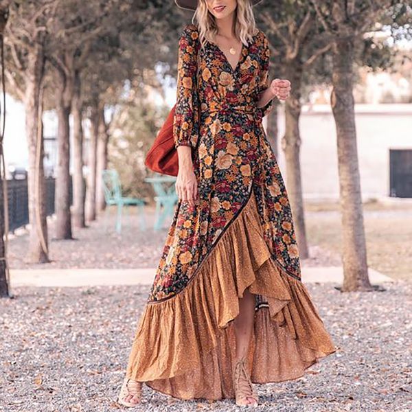 

casual dresses women chiffon maxi dress v neck retro floral print long dress elegant side splits long sleeve loose robe dress vestidos 22112, Black;gray