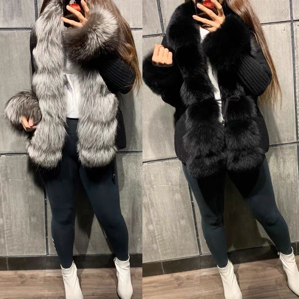 

women's fur faux ladies fine wool winter jacket cashmere warm clothing knitted sweater fashion casual european street style 221125, Black