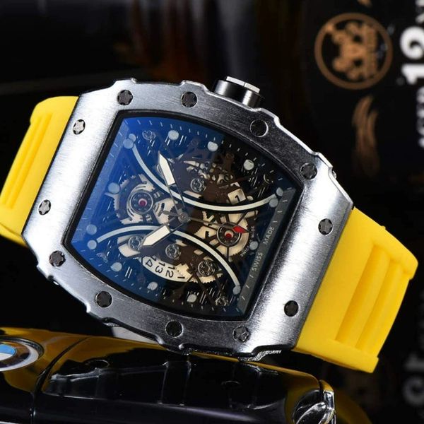 

quartz movement watches mens designer skeleton automatic datejust calendar luxury yellow watch fashion mens rubber silicone leisure wrist ho, Slivery;brown