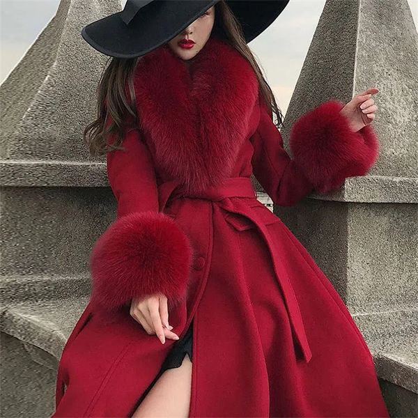 

women's wool blends women winter coats fur collar scarf cuff set warm luxury overcoat scarves shawls female elegant solid thick red chr, Black