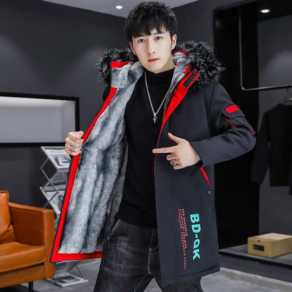 

men's wool blends m5xl oversized xdfv midlength cotton padded jacket youth male fashion big fur collar hooded windbreaker outdoor 22112, Black