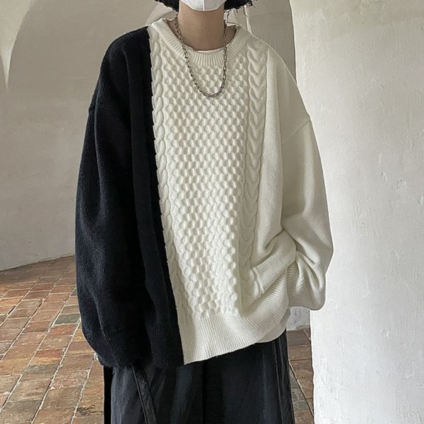

men's sweaters vintage patchwork contrast o neck twist sweater men sueter hombre ropa pullovers harajuku oversized knitted sweater men, White;black