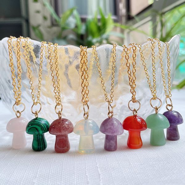 

healing natural crystal pendant necklace mushroom charm aventurine amethyst opal rose quartz necklace fashion women jewelry, Silver