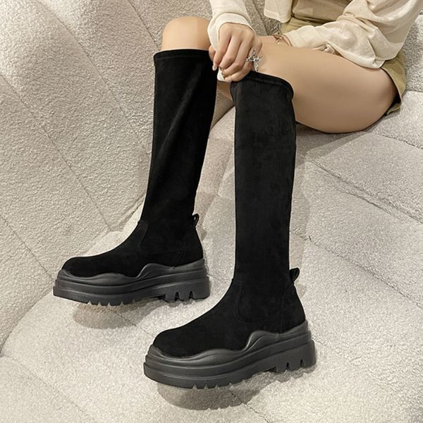 

boots autumn winter women's shoes women thicksoled high fashion round toe kneehigh comfort botas mujer 221126, Black