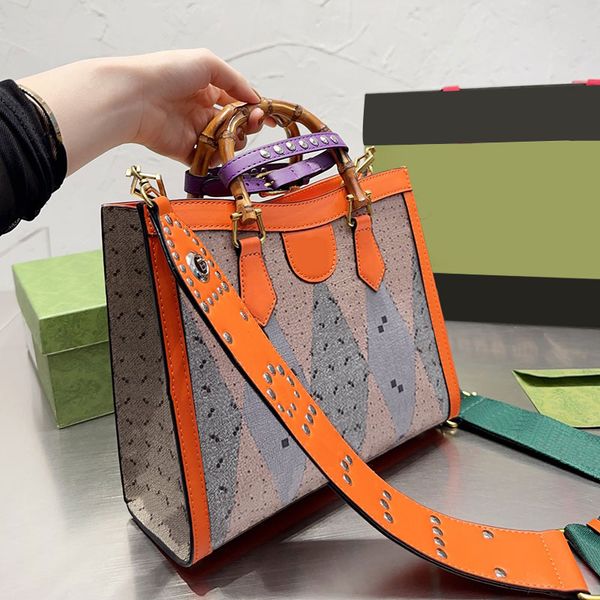 

bamboo tote handbags rivet handbag purse fashion crossbody bags leather shopping bag classic letter prints removable wide shoulder strap