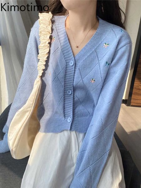 

women's sweaters kimotimo embroidery sweater cardigan women autumn new v neck argyle hollow knitted coat korean sweet long sleeve short, White;black