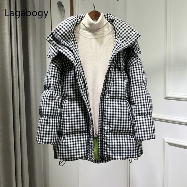 

women's down parkas lagabogy winter coat women hooded black white plaid puffer jacket 90% white duck down parkas thick warm loose outwe