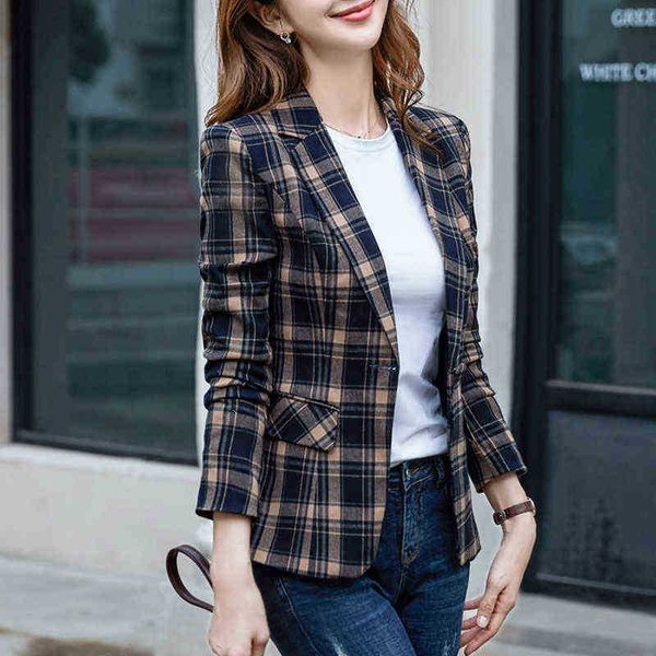 

peonfly vintage casual plaid blazer women fashion single button office ladies jacket notched collar long sleeve jacket 2022 j220813, White;black