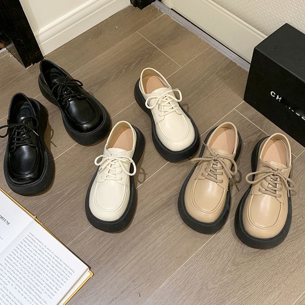 

small leather shoes female british style 2022 new spring/summer student big head vintage black lacing platform increase jk single shoes