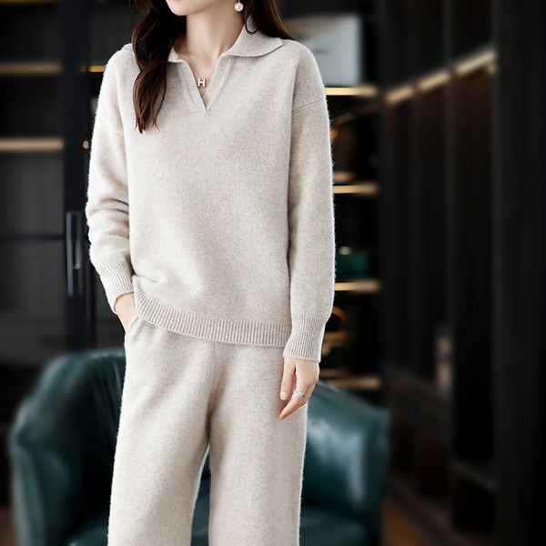 

women's sweaters autumn and winter 100 wool suit highend luxury comfortable lowkey connotation thin sweater wide leg pants suit women 2, White;black