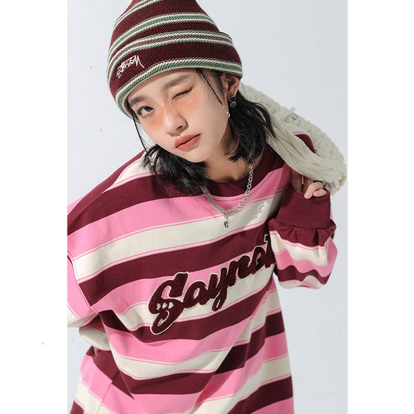 

women's hoodies sweatshirts women pink sweatshirt stripe crew neck contrasting colors letter embroidery fashion hip hop loose vintage w, Black