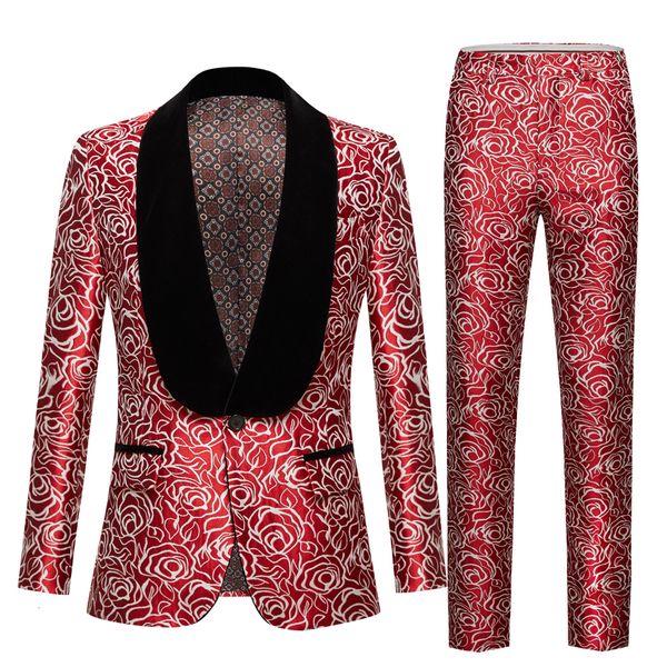 

men's suits blazers nightclub shawl collar one button blazer men red rose jacquard suit jacket mens wedding tuxedo masculino coatpants, White;black