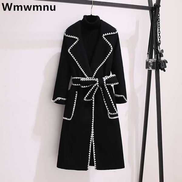 

women's wool blends oversized 4xl fall winter woolen long coats women's lapel slim wool blend jackets with belts korean elegant th, Black