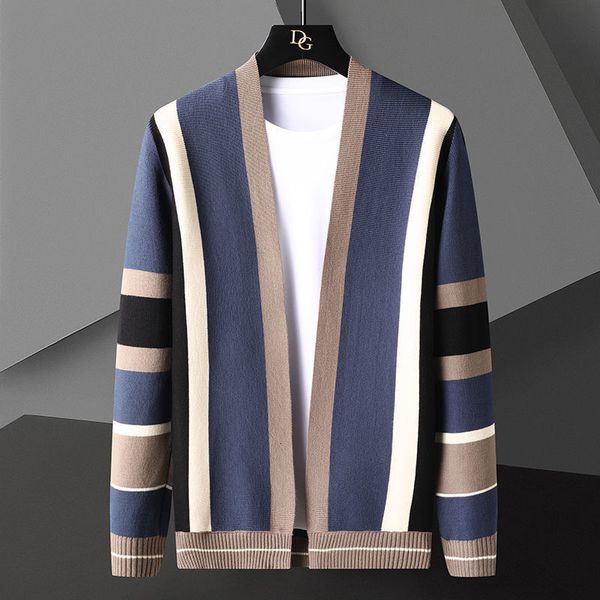 

men's sweaters high end boutique personality stitching knitted cardigan male fashion korean striped shawl autumn casual sweater coat me, White;black