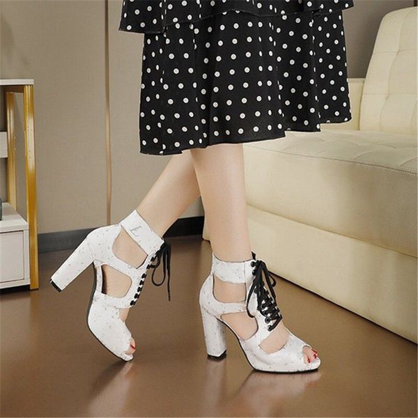 

sandals high heels fashion louiseity women summer square toe beach party cross lace up casual slippers viutonity 03-014, Black